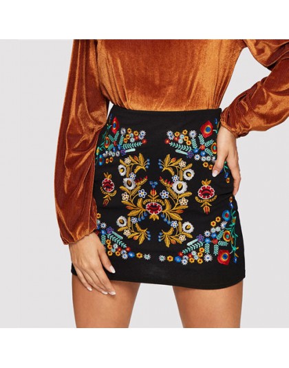SHEIN czarna botaniczna haftowana teksturowana spódnica w stylu casual, na zamek błyskawiczny wyjściowa krótka spódniczka damska