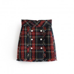 Vintage sztuczna perła Fringe Tweed spódnica mini w szkocką kratkę kobiety 2020 moda linia powrót Zipper Tassel spódnice dla pań