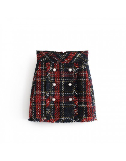 Vintage sztuczna perła Fringe Tweed spódnica mini w szkocką kratkę kobiety 2020 moda linia powrót Zipper Tassel spódnice dla pań