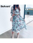 BeAvant niebieski z długim rękawem kobiety sukienka Boho kwiatowy Print sukienki Vintage Ruffles kobieta letnie wakacje dorywczo