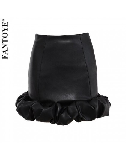 FANTOYE Vintage eleganckie czarne spódnice ze skóry pu kobiety moda Faux Leather Bud spódnice 2019 jesień plisowane panie Sexy P