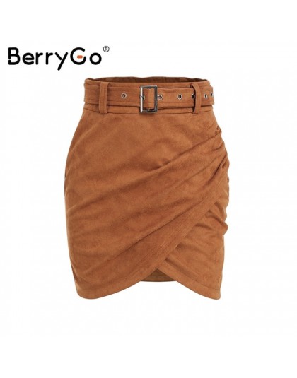 BerryGo wysokiej talii pas zamszowa skórzana spódnica kobiet jesień zima nieregularne bodycon mini spódnica seksowna sukienka ko