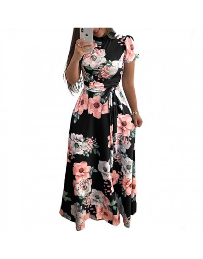 Damska letnia sukienka 2020 na co dzień z krótkim rękawem długa sukienka w stylu Boho w kwiaty drukuj Maxi sukienka z golfem ban