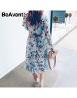 BeAvant niebieski z długim rękawem kobiety sukienka Boho kwiatowy Print sukienki Vintage Ruffles kobieta letnie wakacje dorywczo