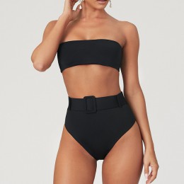 Wysoka talia Bikini 2020 Sexy czarne stroje kąpielowe kobiety strój kąpielowy wysokie nogi Bikini Bandeau zestaw pływanie dla st