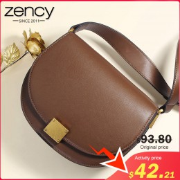 Zency 100% prawdziwej skóry Retro kobiet torba podkowa klamra półokrągła torba siodło nowe mody ramię ciemny brąz