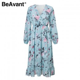 BeAvant niebieski z długim rękawem kobiety sukienka Boho kwiatowy Print sukienki Vintage Ruffles kobieta letnie wakacje dorywczo