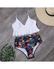 Sexy marszczony strój Bikini kobiety stałe drukuj strój kąpielowy Sexy stroje kąpielowe bez pleców Bikini z wysoką talią strój k