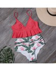 Sexy marszczony strój Bikini kobiety stałe drukuj strój kąpielowy Sexy stroje kąpielowe bez pleców Bikini z wysoką talią strój k