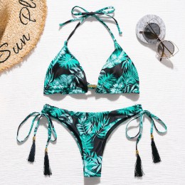 Brazylijskie bikini stringi 2020 nadruk liści strój kąpielowy Tassel stroje kąpielowe kobiety Sexy kostium kąpielowy damski Push