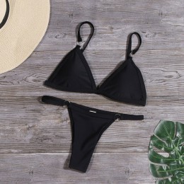 Seksowne Bikini w jednolitym kolorze zestaw stroje kąpielowe kobiety mikro Bikini pierścień Patchwork strój kąpielowy brazylijsk