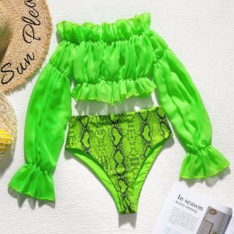 In-x Sexy neon zielony bikini set Mesh z długim rękawem strój kąpielowy kobiet wysokiej talii bikini 2020 wąż drukuj stroje kąpi