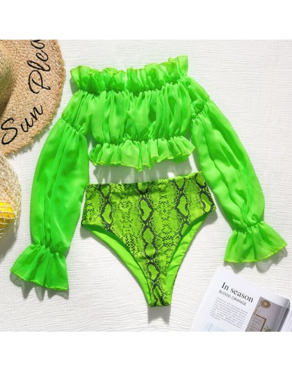 In-x Sexy neon zielony bikini set Mesh z długim rękawem strój kąpielowy kobiet wysokiej talii bikini 2020 wąż drukuj stroje kąpi