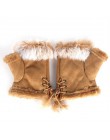 Moda kobiety Faux futra królika ręcznie zimowe rękawiczki bez palców rękawiczki ciepłe skórzane zamszowe rękawiczki cieplej ręka