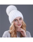 Xthree norka i czapka z pomponem z futra lisa pompony czapka zimowa dla kobiet czapka dziewczęca czapki z dzianiny czapka brand 
