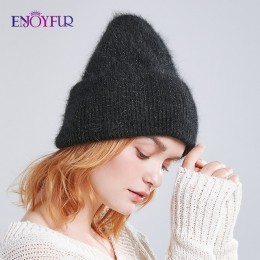 ENJOYFUR czapki zimowe dla kobiet ciepłe długie futra królika włosy kobiece czapki moda jednolite kolory szeroki mankiet styl mł