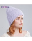 ENJOYFUR czapki zimowe dla kobiet ciepłe długie futra królika włosy kobiece czapki moda jednolite kolory szeroki mankiet styl mł
