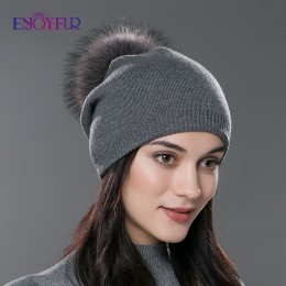 ENJOYFUR zima kobiety prawdziwe futro czapki z pomponem wełna gruba dzianina ciepłe pokryte czapka beanie lady moda bobble czapk