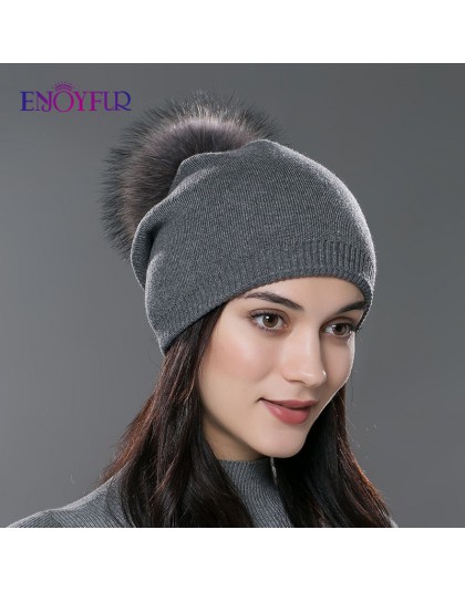 ENJOYFUR zima kobiety prawdziwe futro czapki z pomponem wełna gruba dzianina ciepłe pokryte czapka beanie lady moda bobble czapk
