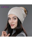 ENJOYFUR zima kobiety prawdziwe futro czapki z pomponem wełna gruba dzianina ciepłe pokryte czapka beanie lady moda bobble czapk