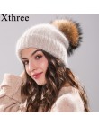 Xthree 70% Angola Rabbit fur czapka z prawdziwym futrzany pompon czapka z pomponem Skullie beanie czapka zimowa dla kobiet dziew