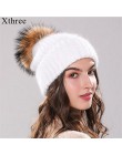 Xthree 70% Angola Rabbit fur czapka z prawdziwym futrzany pompon czapka z pomponem Skullie beanie czapka zimowa dla kobiet dziew