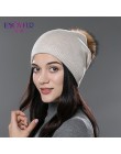 ENJOYFUR zima kobiety prawdziwe futro czapki z pomponem wełna gruba dzianina ciepłe pokryte czapka beanie lady moda bobble czapk