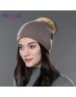 ENJOYFUR zima kobiety prawdziwe futro czapki z pomponem wełna gruba dzianina ciepłe pokryte czapka beanie lady moda bobble czapk