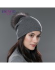 ENJOYFUR zima kobiety prawdziwe futro czapki z pomponem wełna gruba dzianina ciepłe pokryte czapka beanie lady moda bobble czapk
