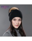 ENJOYFUR zima kobiety prawdziwe futro czapki z pomponem wełna gruba dzianina ciepłe pokryte czapka beanie lady moda bobble czapk