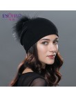 ENJOYFUR zima kobiety prawdziwe futro czapki z pomponem wełna gruba dzianina ciepłe pokryte czapka beanie lady moda bobble czapk