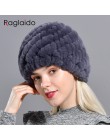 Raglaido Rabbit winter fur hat dla kobiet rosyjski prawdziwe futro czapka z dzianiny headgea ciepła czapka beanie na zimę kapelu