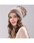 Xthree 70% Angola Rabbit fur czapka z prawdziwym futrzany pompon czapka z pomponem Skullie beanie czapka zimowa dla kobiet dziew