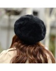 BINGYUANHAOXUAN nowe mody regulowane zimowe kobiety Rabbit Fur Beret kapelusz stałe płaskie czapki ciepłe nauszniki dzianiny cza