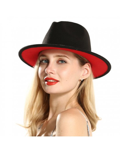 QIUBOSS męskie kobiety czarna czerwona wełna patchworkowa filcowa dyskietka Jazz kapelusze Fedoras z wstążka z szerokim rondem P