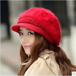 BINGYUANHAOXUAN nowe mody regulowane zimowe kobiety Rabbit Fur Beret kapelusz stałe płaskie czapki ciepłe nauszniki dzianiny cza