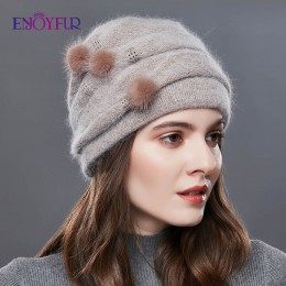 ENJOYFUR Cashmere pompon kobiety czapki zimowe czapki z dzianiny kapelusz kobieta moda pani w średnim wieku czapka dżetów gruba 