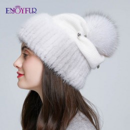 ENJOYFUR Mink fur wełniane dziane czapki dla kobiet zimowe grube ciepłe slouchy czapki damskie czapki z fox futrzany pompon pom