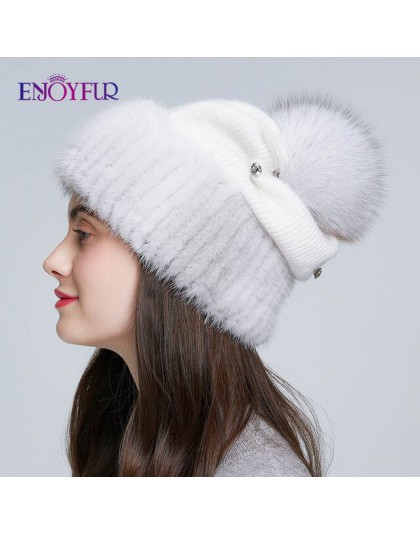 ENJOYFUR Mink fur wełniane dziane czapki dla kobiet zimowe grube ciepłe slouchy czapki damskie czapki z fox futrzany pompon pom