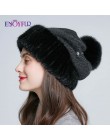 ENJOYFUR Mink fur wełniane dziane czapki dla kobiet zimowe grube ciepłe slouchy czapki damskie czapki z fox futrzany pompon pom