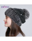 ENJOYFUR Mink fur wełniane dziane czapki dla kobiet zimowe grube ciepłe slouchy czapki damskie czapki z fox futrzany pompon pom