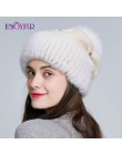 ENJOYFUR Mink fur wełniane dziane czapki dla kobiet zimowe grube ciepłe slouchy czapki damskie czapki z fox futrzany pompon pom