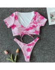 2020 nowy Sexy gradient drukuj strój kąpielowy bikini kobiety strój kąpielowy z krótkim rękawem Bikini Set push up kostium kąpie