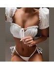 In-x solidna biała falbana kostium kąpielowy damski Bandeau bikini 2020 strój kąpielowy z krótkim rękawem kobiety strona krawato