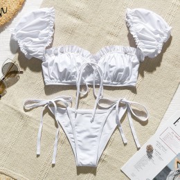 In-x solidna biała falbana kostium kąpielowy damski Bandeau bikini 2020 strój kąpielowy z krótkim rękawem kobiety strona krawato