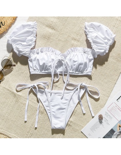 In-x solidna biała falbana kostium kąpielowy damski Bandeau bikini 2020 strój kąpielowy z krótkim rękawem kobiety strona krawato