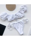In-x solidna biała falbana kostium kąpielowy damski Bandeau bikini 2020 strój kąpielowy z krótkim rękawem kobiety strona krawato