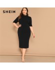 SHEIN eleganckie czarne z połyskiem rozmiar Mock-neck solidna wąska sukienka ołówkowa kobiety wiosna biuro Lady Bodycon podstawy