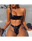 In-x bikini wysoko wycięte zestaw Sexy PU skórzany strój kąpielowy na jedno ramię kobiet stringi bikini 2020 letni strój kąpielo