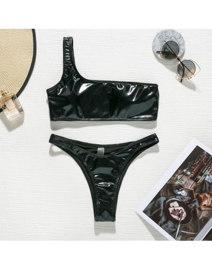 In-x bikini wysoko wycięte zestaw Sexy PU skórzany strój kąpielowy na jedno ramię kobiet stringi bikini 2020 letni strój kąpielo
